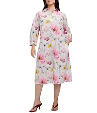 Foxcroft Plus Size Esther Cotton Delicate Floral Point Collar 3/4 Sleeve Midi Shirtdress