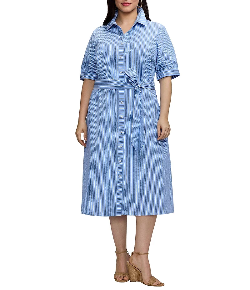 Foxcroft Plus Size Esther Seersucker Stripe Point Collar Elbow Length Sleeve Midi Shirtdress