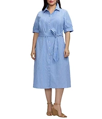 Foxcroft Plus Size Esther Seersucker Stripe Point Collar Elbow Length Sleeve Midi Shirtdress