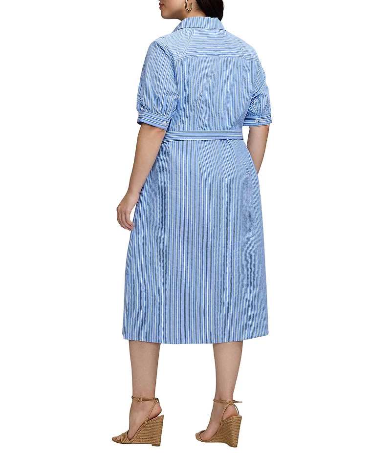 Foxcroft Plus Size Esther Seersucker Stripe Point Collar Elbow Length Sleeve Midi Shirtdress