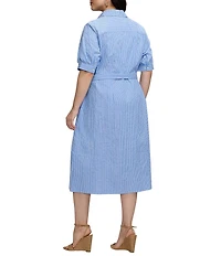 Foxcroft Plus Size Esther Seersucker Stripe Point Collar Elbow Length Sleeve Midi Shirtdress