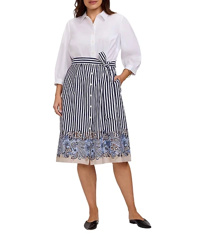 Foxcroft Plus Size Esther Two Tone Stripe Paisley Border Print Point Collar 3/4 Sleeve Shirtdress