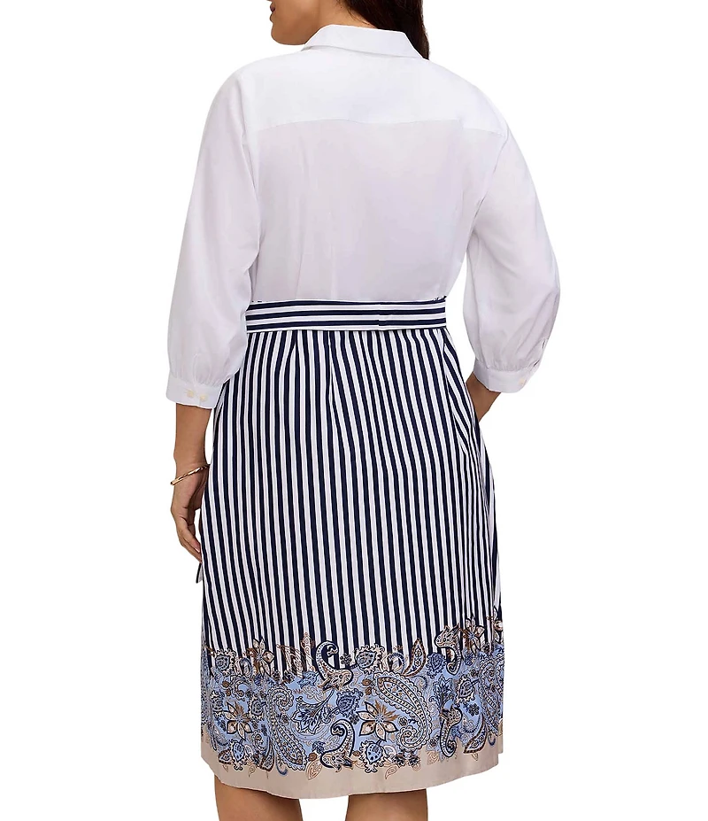 Foxcroft Plus Size Esther Two Tone Stripe Paisley Border Print Point Collar 3/4 Sleeve Shirtdress