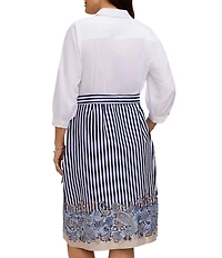 Foxcroft Plus Size Esther Two Tone Stripe Paisley Border Print Point Collar 3/4 Sleeve Shirtdress