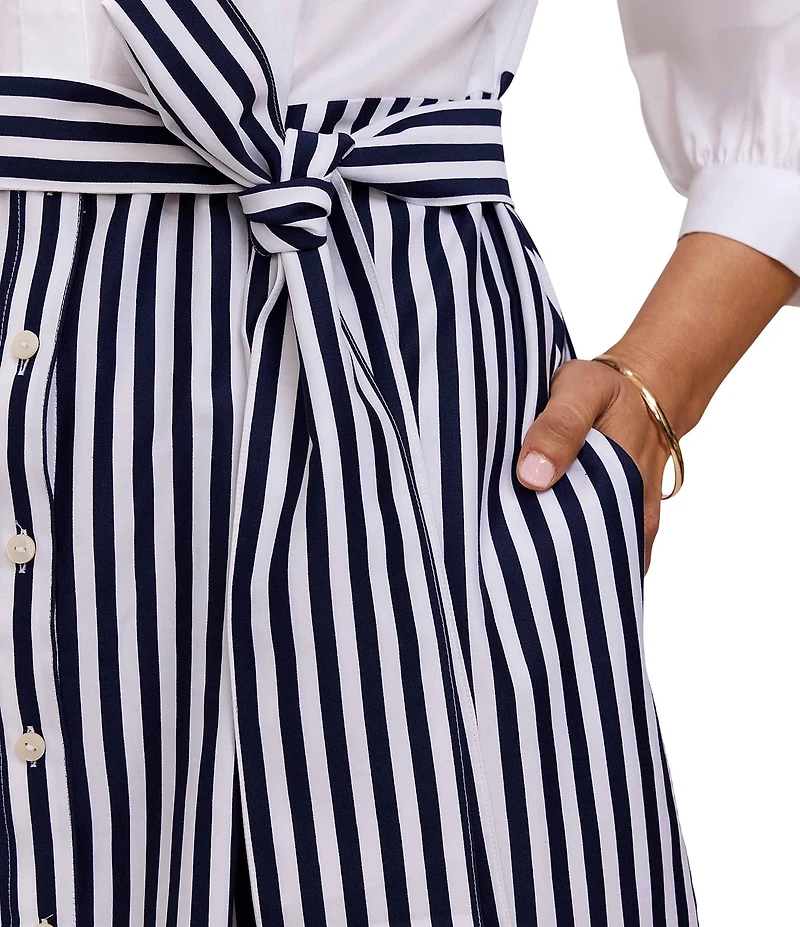 Foxcroft Plus Size Esther Two Tone Stripe Paisley Border Print Point Collar 3/4 Sleeve Shirtdress