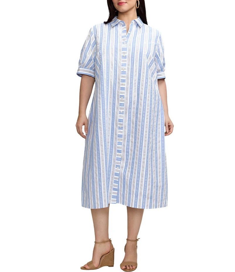 Foxcroft Plus Size Esther Variegated Stripe Point Collar Elbow Sleeve Belted Midi Shirt Dress