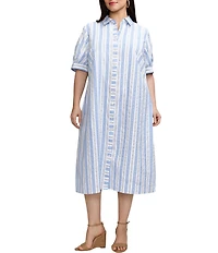Foxcroft Plus Size Esther Variegated Stripe Point Collar Elbow Sleeve Belted Midi Shirt Dress