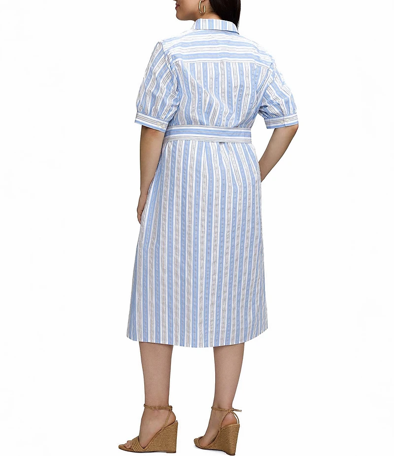 Foxcroft Plus Size Esther Variegated Stripe Point Collar Elbow Sleeve Belted Midi Shirt Dress