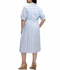 Foxcroft Plus Size Esther Variegated Stripe Point Collar Elbow Sleeve Belted Midi Shirt Dress