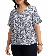 Foxcroft Plus Size Isabel Floral Eyelet V-Neck Elbow Sleeve Button-Front Shirt