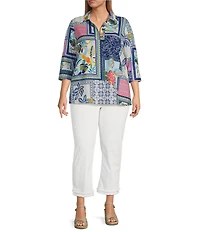 Foxcroft Plus Size Julia Wrinkle-Free Printed Y-Neck 3/4 Sleeve Tunic