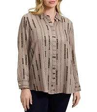 Foxcroft Plus Size Luna Chain Belt Print Point Collar Long Sleeve Button-Front Shirt