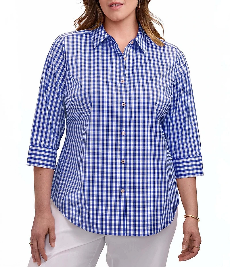 Foxcroft Plus Size Margie Allover Gingham Point Collar 3/4 Sleeve Button Front Blouse