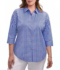 Foxcroft Plus Size Margie Allover Gingham Point Collar 3/4 Sleeve Button Front Blouse