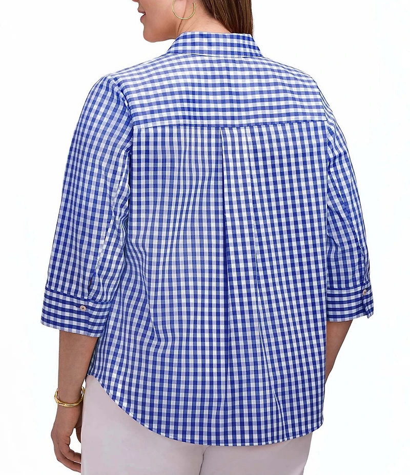 Foxcroft Plus Size Margie Allover Gingham Point Collar 3/4 Sleeve Button Front Blouse