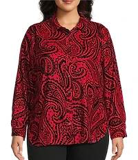 Foxcroft Plus Size Meghan Allover Velvet Paisley Print Point Collar Long Sleeve Button Front Shirt