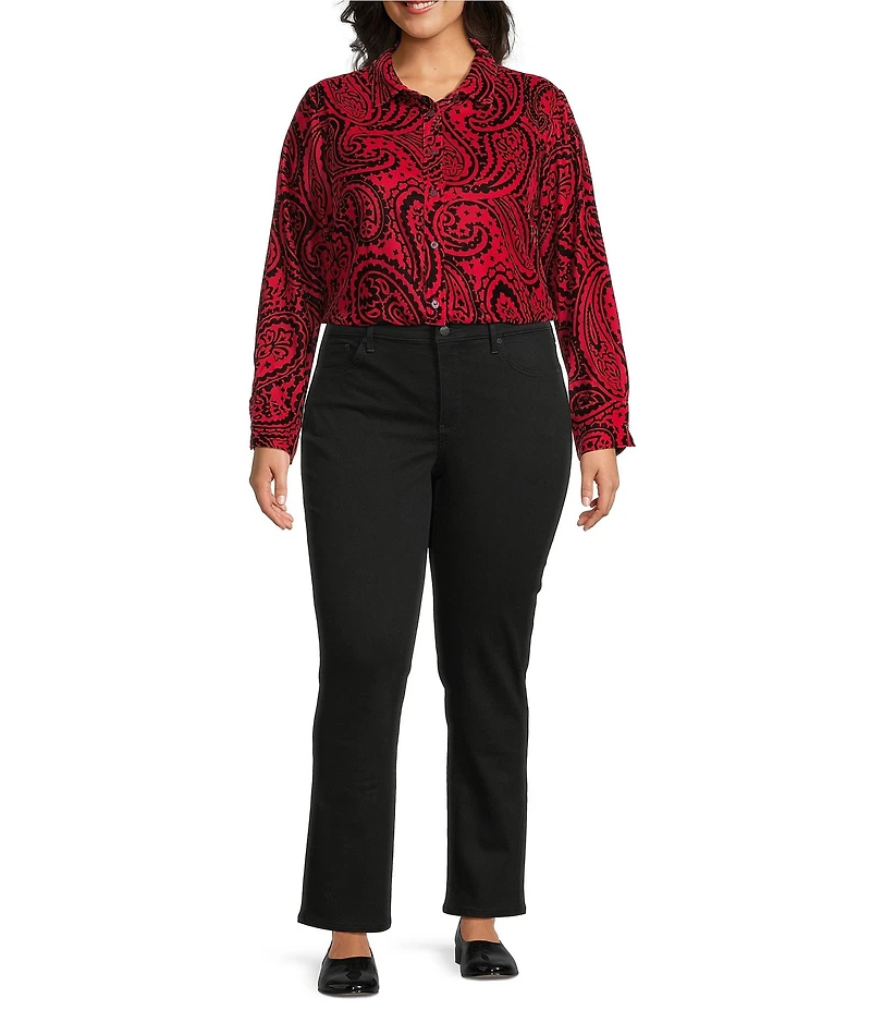 Foxcroft Plus Size Meghan Allover Velvet Paisley Print Point Collar Long Sleeve Button Front Shirt