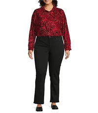 Foxcroft Plus Size Meghan Allover Velvet Paisley Print Point Collar Long Sleeve Button Front Shirt