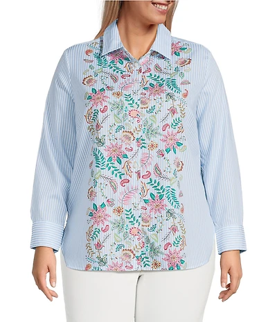 Foxcroft Plus Size Meghan Floral Stripe Point Collar Long Sleeve Button Front Shirt