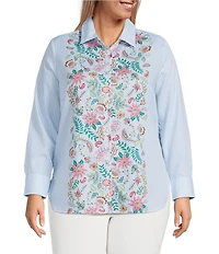 Foxcroft Plus Size Meghan Floral Stripe Point Collar Long Sleeve Button Front Shirt
