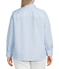 Foxcroft Plus Size Meghan Floral Stripe Point Collar Long Sleeve Button Front Shirt
