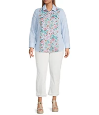 Foxcroft Plus Size Meghan Floral Stripe Point Collar Long Sleeve Button Front Shirt