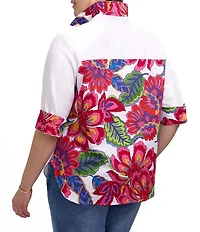 Foxcroft Plus Size Meghan Paradise Bloom Back Print 3/4 Sleeve Button Front Blouse