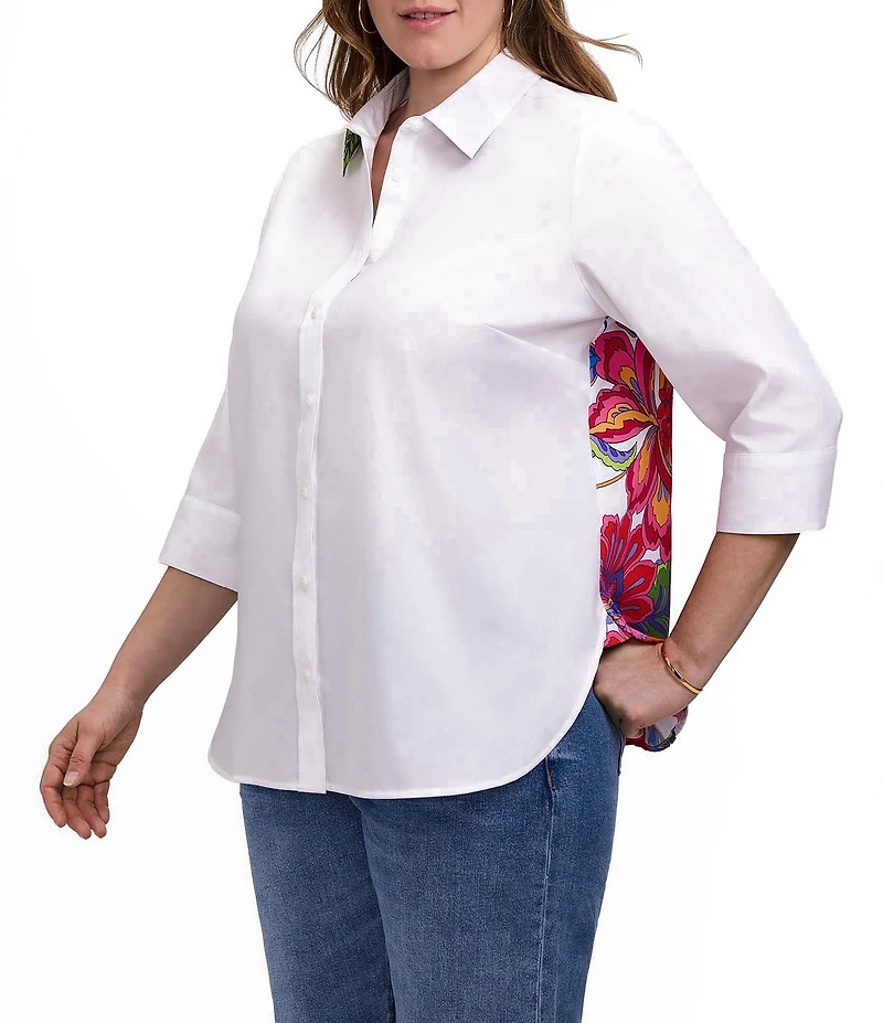 Foxcroft Plus Size Meghan Paradise Bloom Back Print 3/4 Sleeve Button Front Blouse