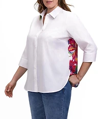 Foxcroft Plus Size Meghan Paradise Bloom Back Print 3/4 Sleeve Button Front Blouse
