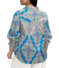 Foxcroft Plus Size Olivia Medallion Paisley Point Collar 3/4 Sleeve Button Front Blouse
