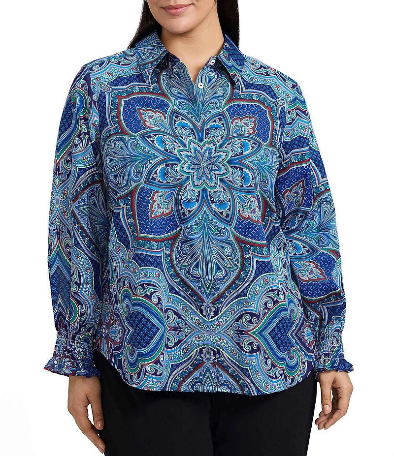 Foxcroft Plus Size Olivia Wrinkle-Free Kaleidoscope Print Cotton Sateen Point Collar 3/4 Sleeve Button Front Shirt