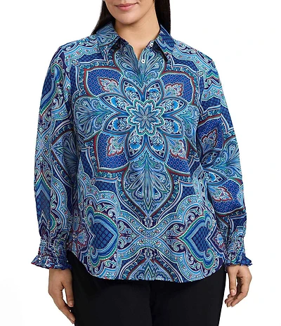 Foxcroft Plus Size Olivia Wrinkle-Free Kaleidoscope Print Cotton Sateen Point Collar 3/4 Sleeve Button Front Shirt