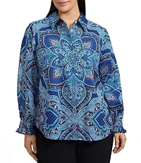 Foxcroft Plus Size Olivia Wrinkle-Free Kaleidoscope Print Cotton Sateen Point Collar 3/4 Sleeve Button Front Shirt