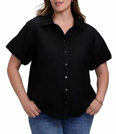 Foxcroft Plus Size Paula Point Collar Short Puff Sleeve Button-Front Blouse