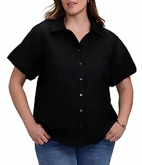 Foxcroft Plus Size Paula Point Collar Short Puff Sleeve Button-Front Blouse