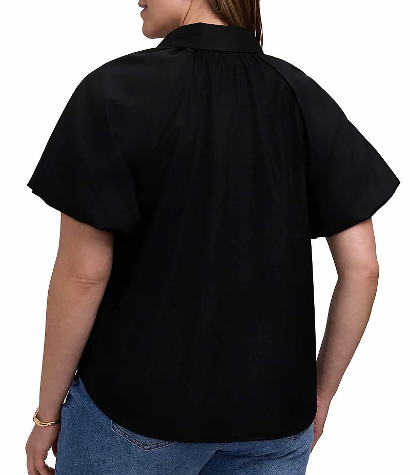 Foxcroft Plus Size Paula Point Collar Short Puff Sleeve Button-Front Blouse