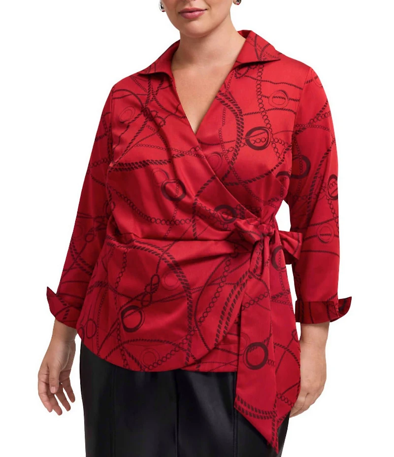 Foxcroft Plus Size Salina Jacquard Status Chain Print Wing Collar Long Sleeve Wrap Shirt