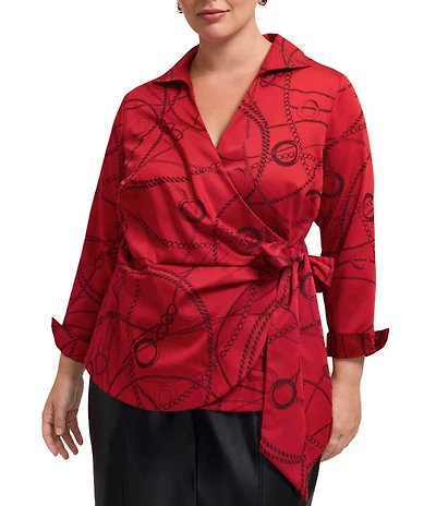 Foxcroft Plus Size Salina Jacquard Status Chain Print Wing Collar Long Sleeve Wrap Shirt