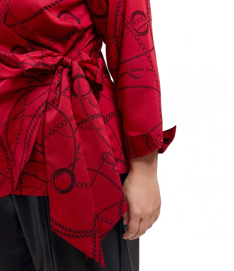 Foxcroft Plus Size Salina Jacquard Status Chain Print Wing Collar Long Sleeve Wrap Shirt