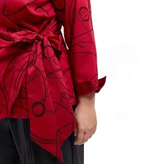 Foxcroft Plus Size Salina Jacquard Status Chain Print Wing Collar Long Sleeve Wrap Shirt