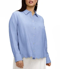Foxcroft Plus Size Scarlett Point Collar Long Sleeve Button Front Linen Blouse