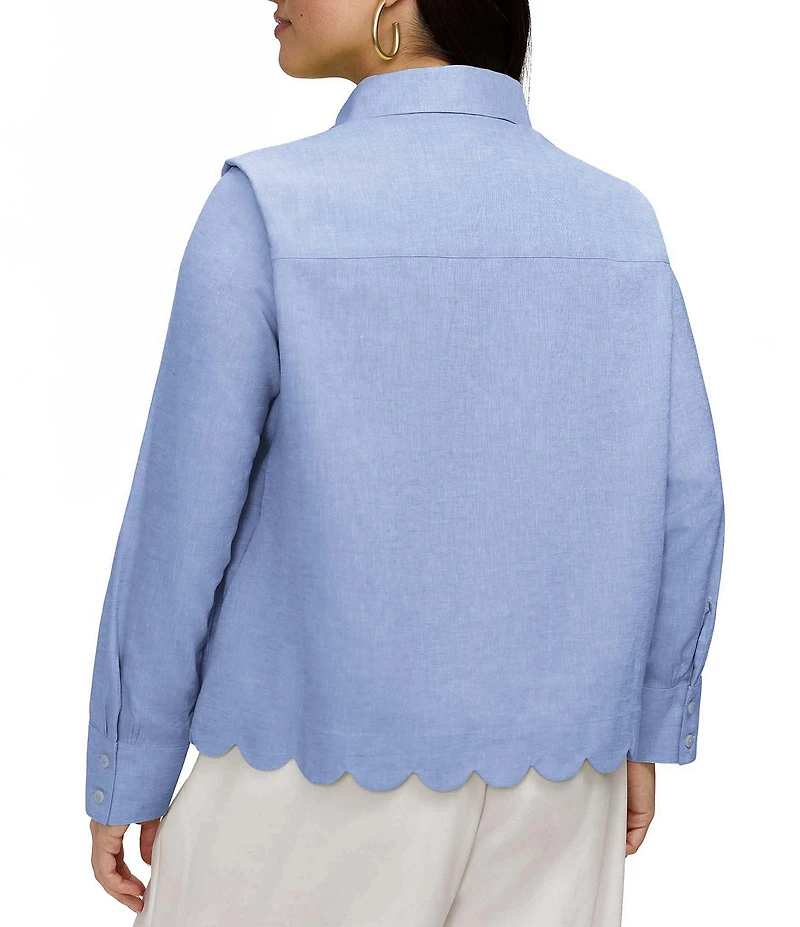 Foxcroft Plus Size Scarlett Point Collar Long Sleeve Button Front Linen Blouse