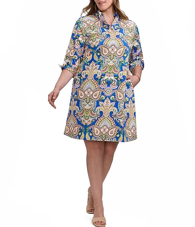 Foxcroft Plus Size Tammy Allover Garden Paisley Split V-Neck 3/4 Sleeve A-Line Dress