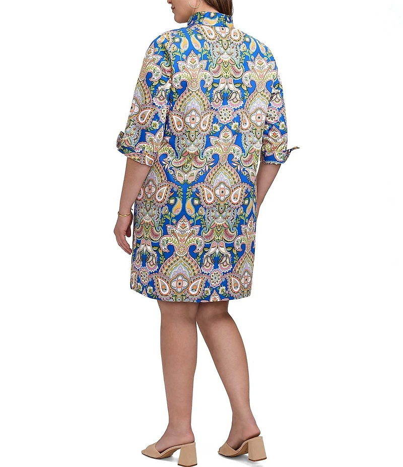 Foxcroft Plus Size Tammy Allover Garden Paisley Split V-Neck 3/4 Sleeve A-Line Dress