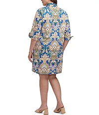 Foxcroft Plus Size Tammy Allover Garden Paisley Split V-Neck 3/4 Sleeve A-Line Dress