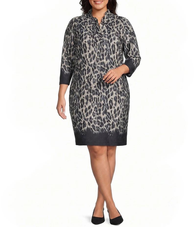 Foxcroft Plus Size Tammy Cheetah Ruffle Stand Collar 3/4 Sleeve A-Line Dress