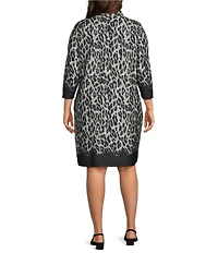 Foxcroft Plus Size Tammy Cheetah Ruffle Stand Collar 3/4 Sleeve A-Line Dress