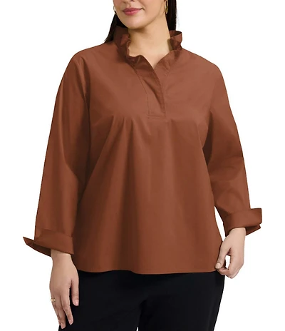 Foxcroft Plus Size Tammy Solid Non-Iron Ruffled Split V-Neck Long Turn-Up Cuff Sleeve Popover Shirt