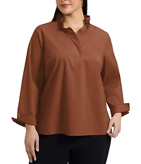 Foxcroft Plus Size Tammy Solid Non-Iron Ruffled Split V-Neck Long Turn-Up Cuff Sleeve Popover Shirt