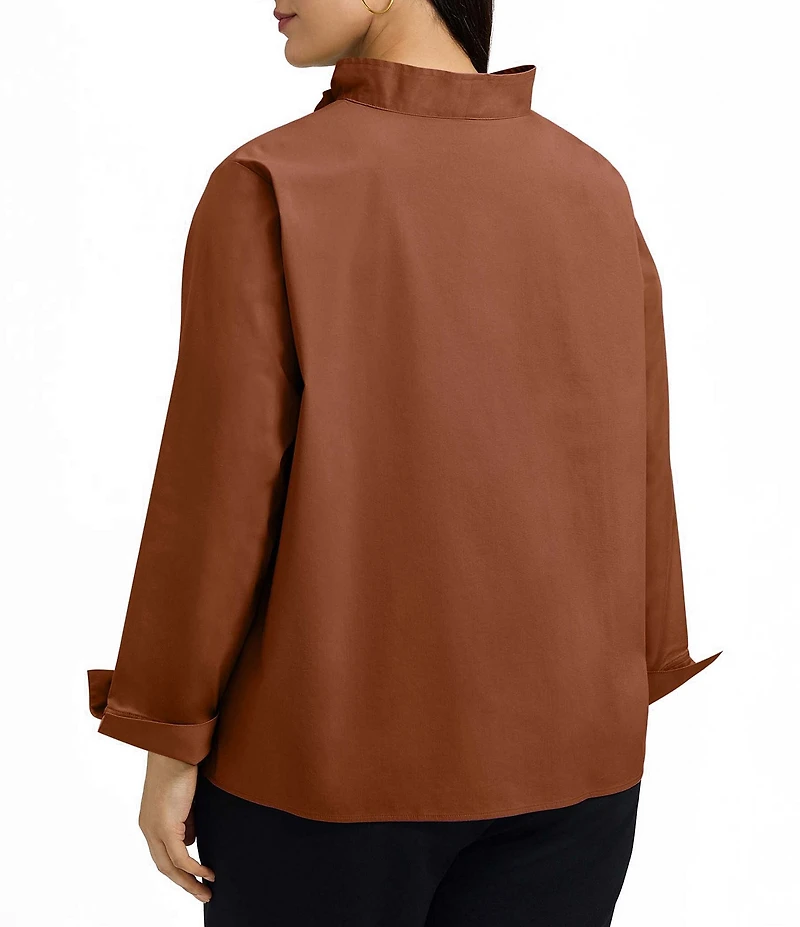 Foxcroft Plus Size Tammy Solid Non-Iron Ruffled Split V-Neck Long Turn-Up Cuff Sleeve Popover Shirt